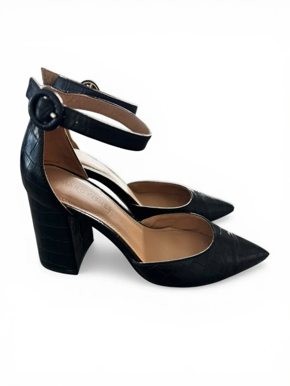 Marc Fisher Black Faux Croc Pointed Toe Block Heel Ankle Strap Pumps Women 6.5